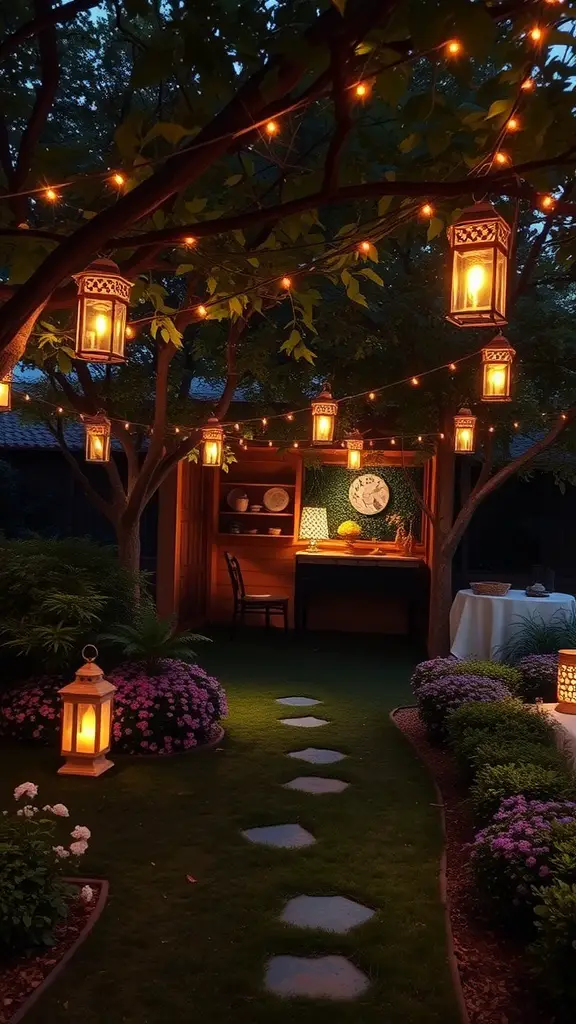 A beautifully lit garden path with lanterns hanging from trees, surrounded by flowers and greenery.