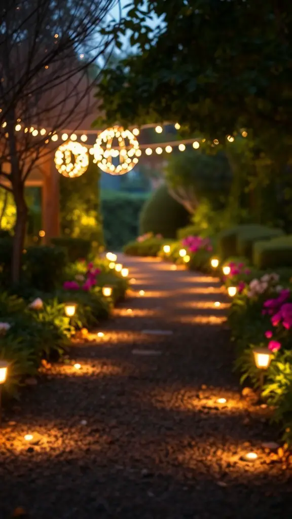 A beautifully lit garden path with flowers and decorative lights.