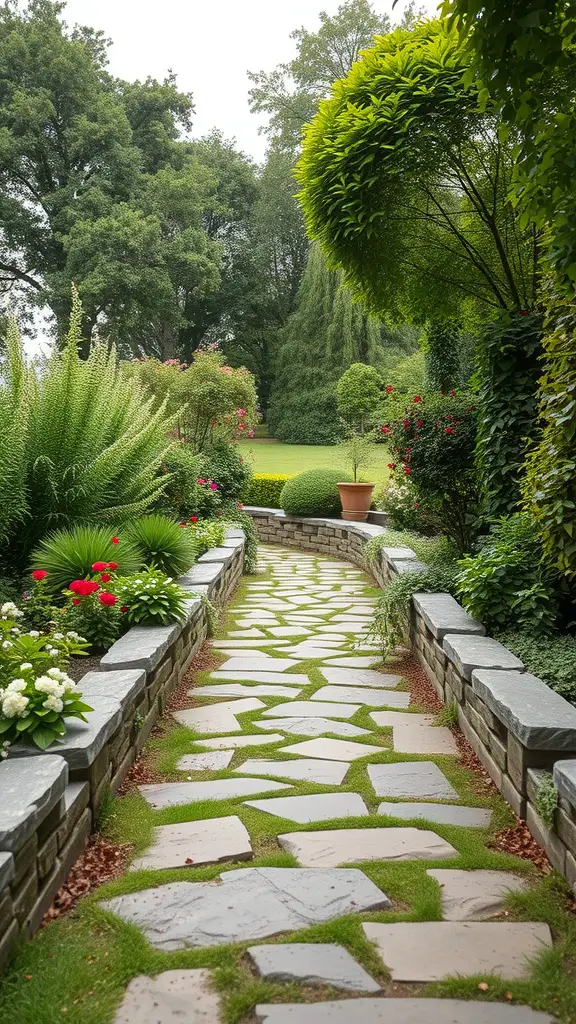 A beautiful stone pathway surrounded by lush greenery and colorful flowers in a garden.