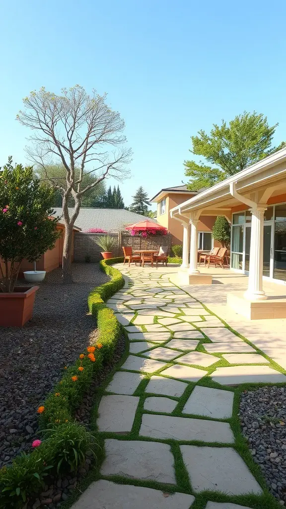 A garden pathway made of stone slabs, lined with green grass and colorful flowers, leading to a patio area.