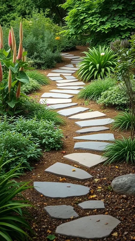 A winding stone pathway through a lush garden filled with greenery and flowers.