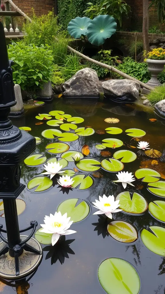A serene garden pond with white water lilies and green lily pads, surrounded by lush greenery and rocks.