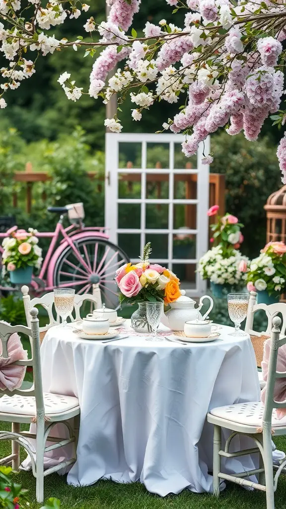 A beautiful garden tea party setup with a round table, white tablecloth, delicate tea cups, and a vase of roses, surrounded by blooming cherry blossoms and a vintage pink bicycle.
