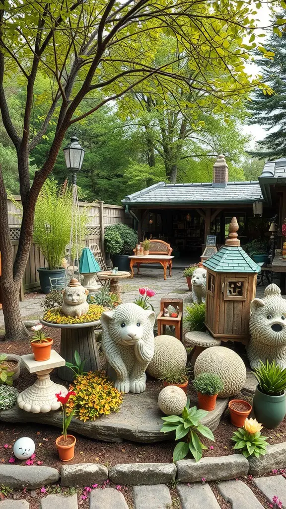 A beautifully decorated garden with animal sculptures, plants, and a cozy bench.