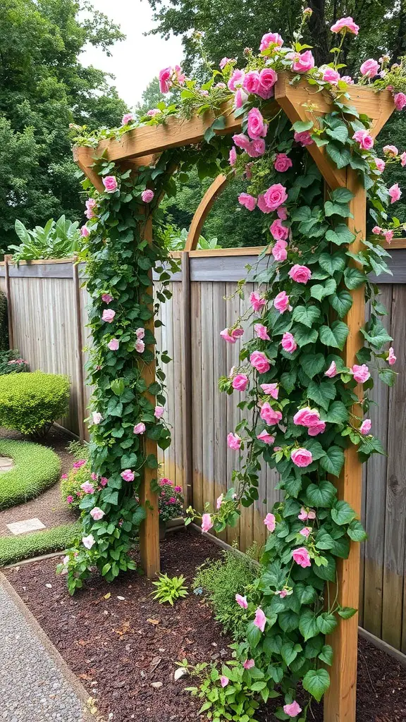 Wooden trellis with climbing pink roses in a cozy garden setting