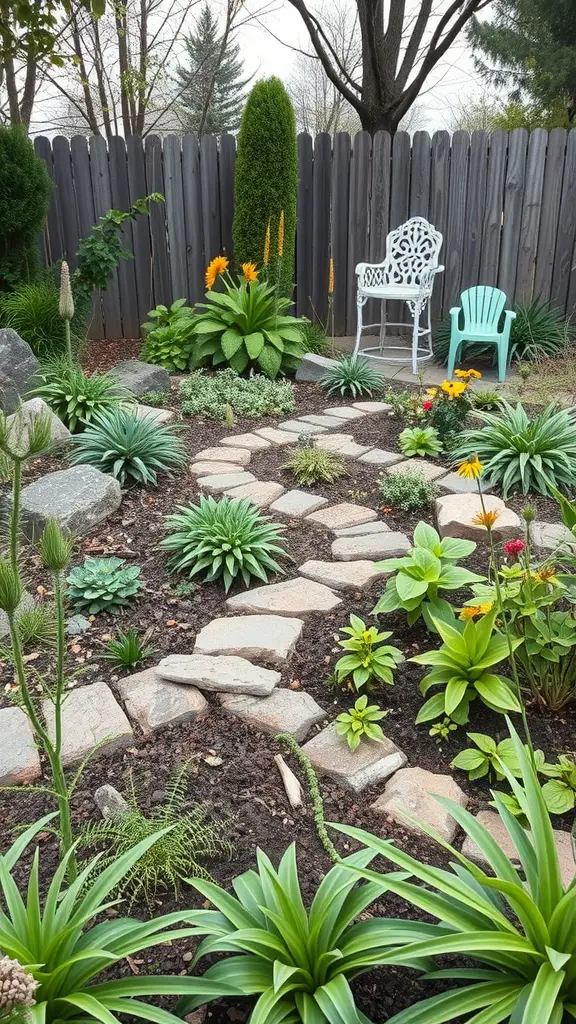A cozy cottagecore garden with a stone path, vibrant plants, and seating areas.