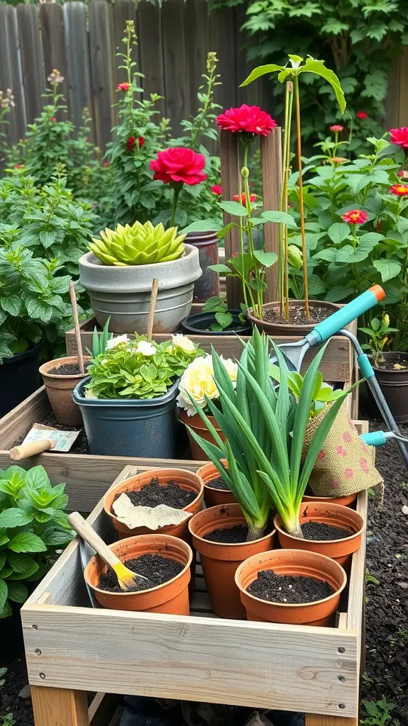 A cozy potting station with various plants and gardening tools.