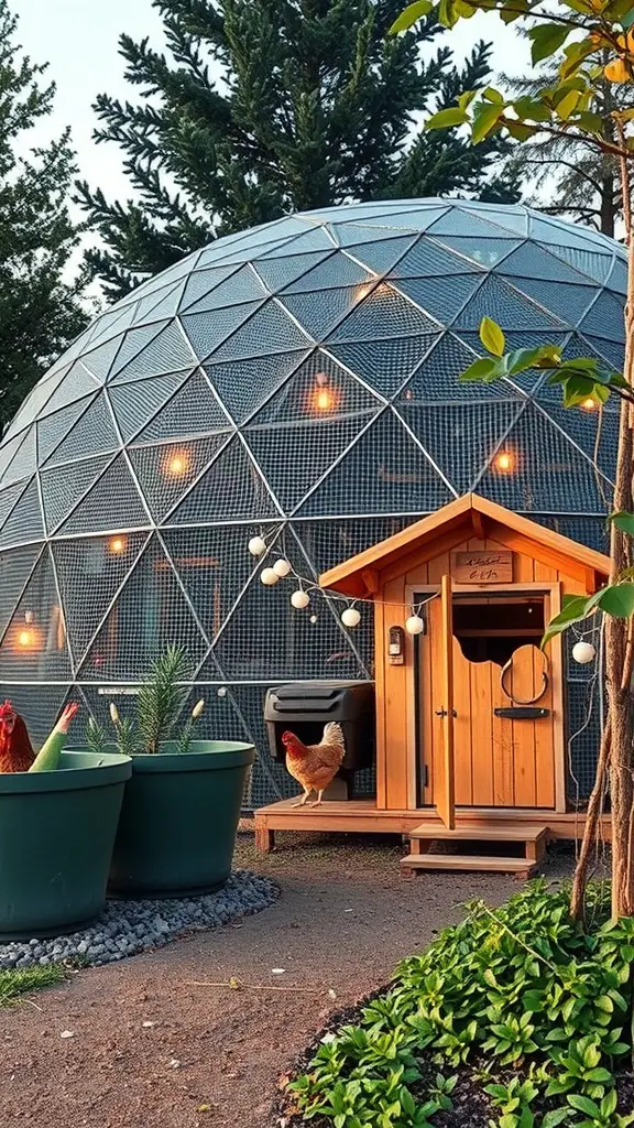 A geodesic dome chicken coop with a wooden entrance, surrounded by planters and lights.
