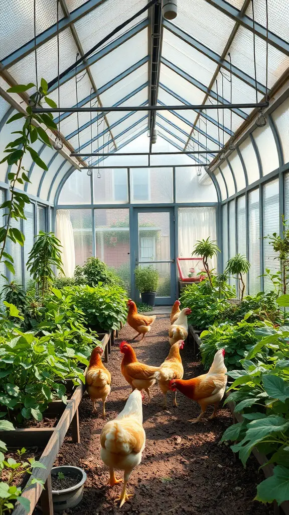 A greenhouse with chickens roaming among plants in raised beds.