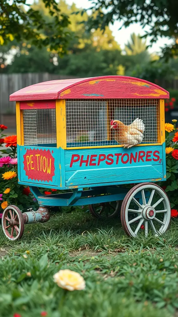 Colorful gypsy wagon chicken cage with a chicken inside, surrounded by flowers.