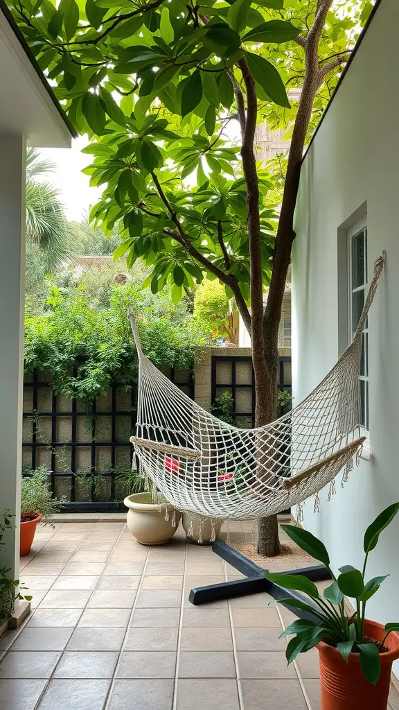 A cozy hammock set up on a patio surrounded by greenery and potted plants.