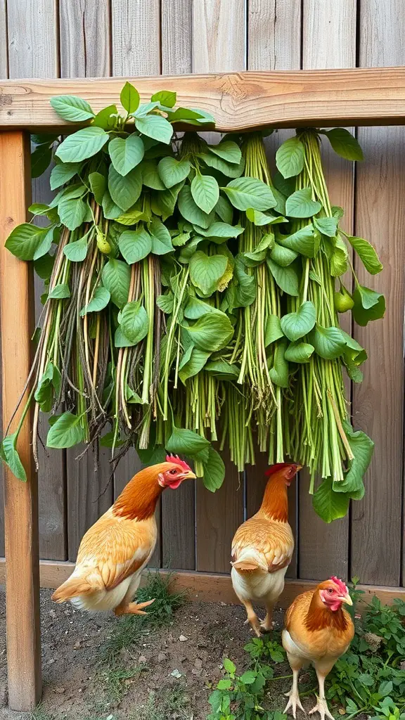 Chickens pecking at hanging greens in a backyard setting.