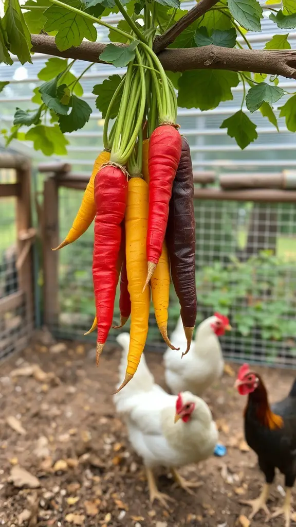 Colorful hanging vegetables for chickens to peck at