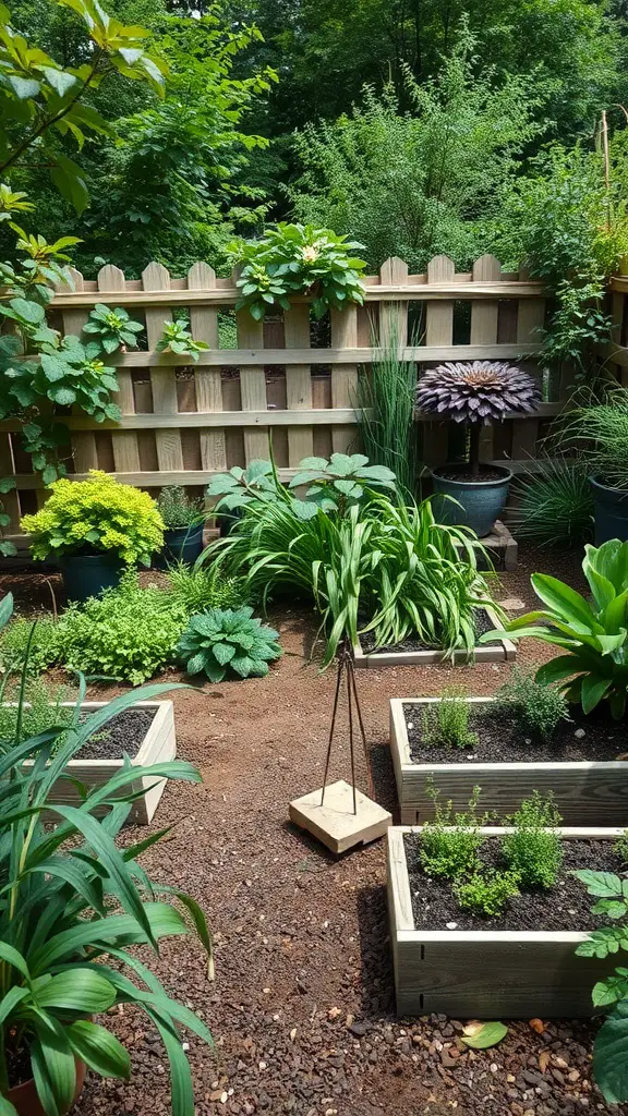 A cozy herb and vegetable corner in a garden with raised beds and lush greenery.