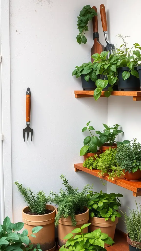 A cozy herb garden nook with various potted herbs and gardening tools.