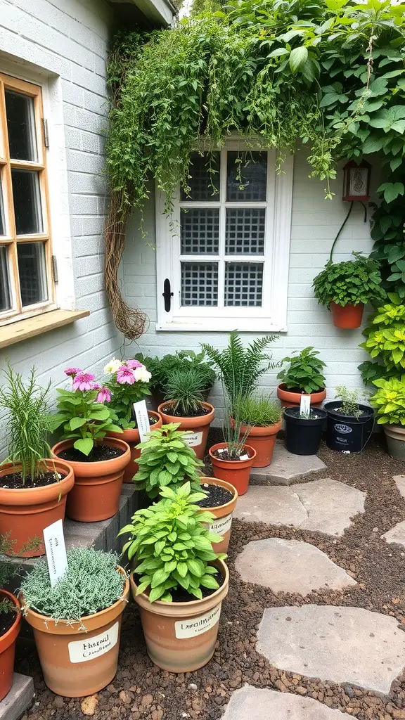 A small cottage garden with various potted herbs arranged on a stone pathway.