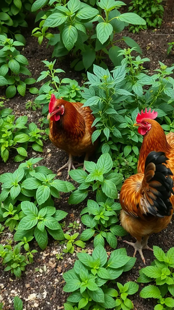 Two chickens foraging in a lush herb garden
