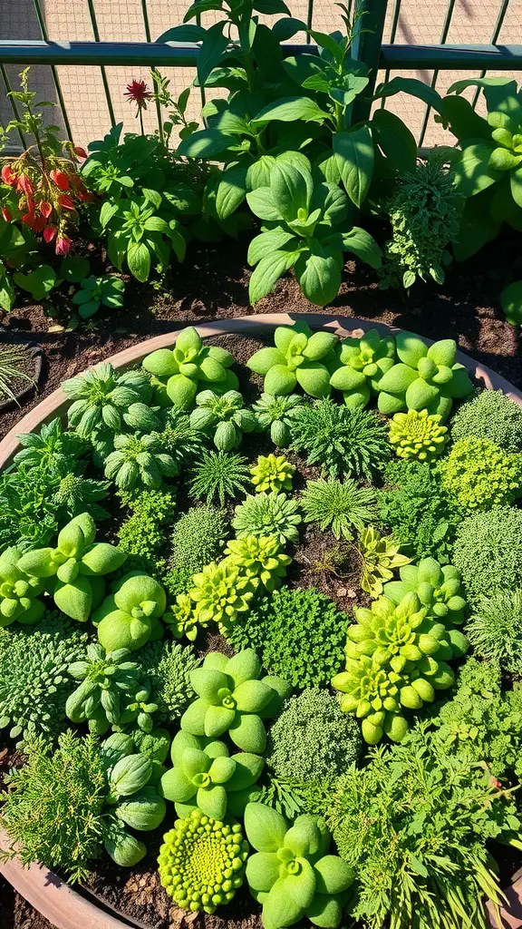 A vibrant herb spiral garden filled with various green herbs arranged in a circular pattern.