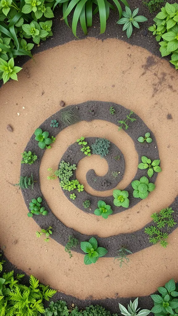 A top view of a herb spiral garden with various herbs arranged in a spiral pattern.