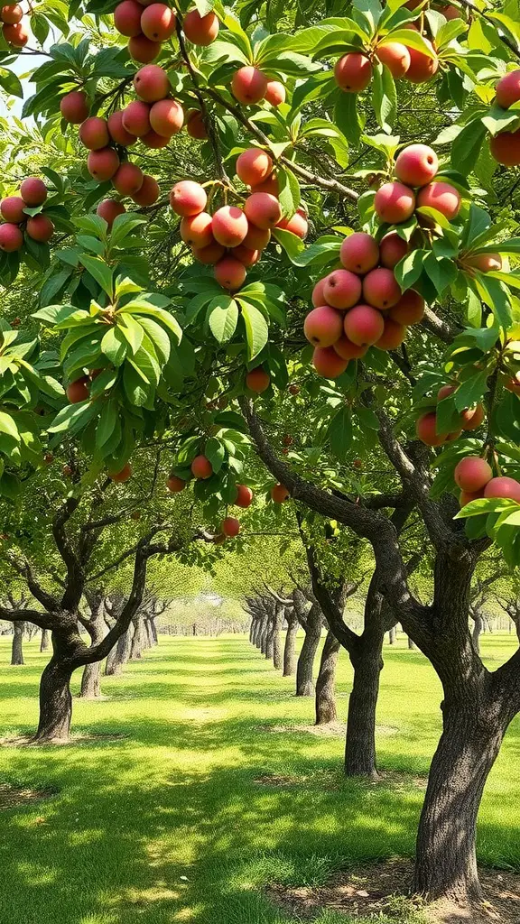 A lush orchard with ripe fruit hanging from the branches of heritage fruit trees, creating a serene and inviting atmosphere.