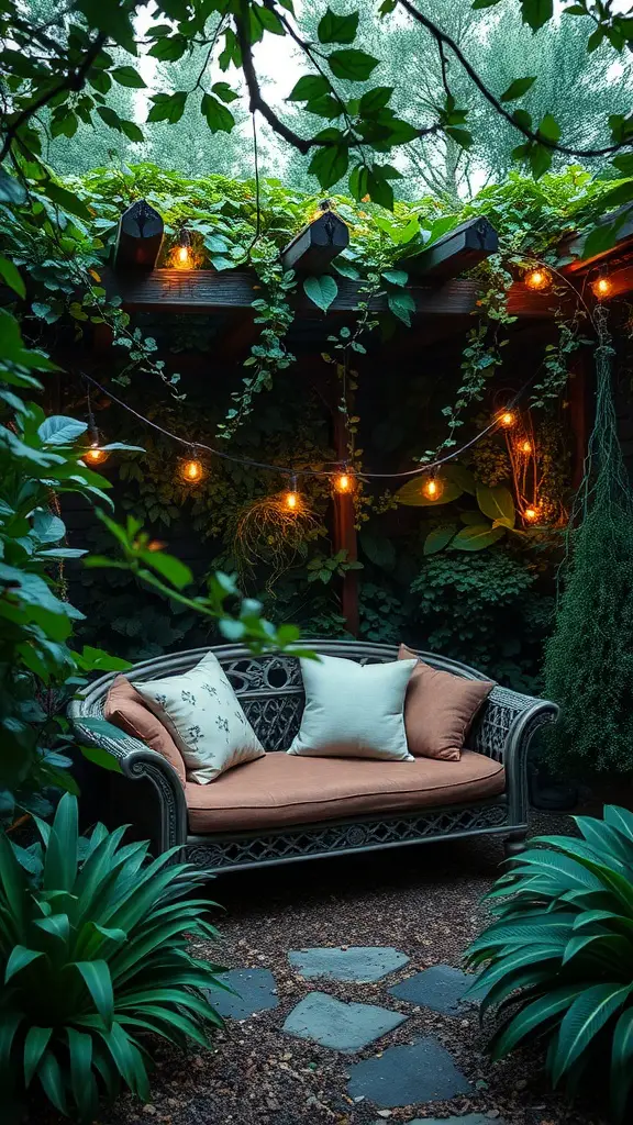 A cozy hidden seating nook in a garden with a couch, pillows, and string lights surrounded by lush greenery.