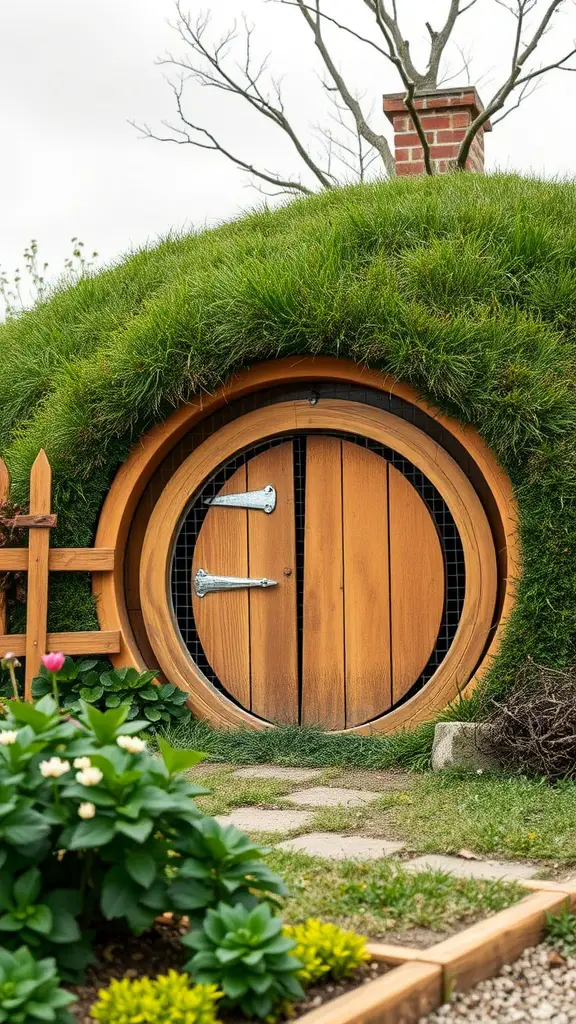 A whimsical Hobbit house chicken cage with a round wooden door and grassy roof, surrounded by flowers and a pathway.
