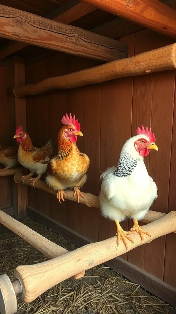 Chickens perched on natural wood bars in a coop