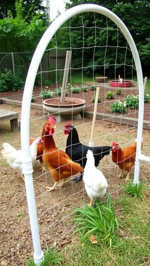 A group of chickens inside a hoop house chicken pen made of PVC pipes and wire mesh.
