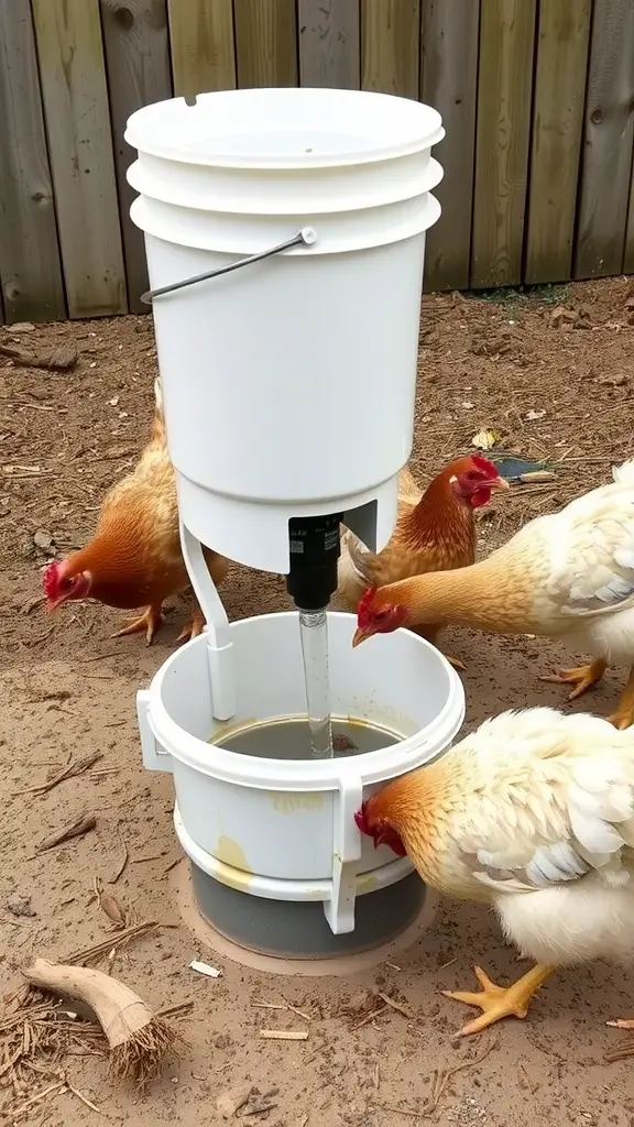Chickens drinking from a DIY waterer made from a 5-gallon bucket, designed to prevent dripping.