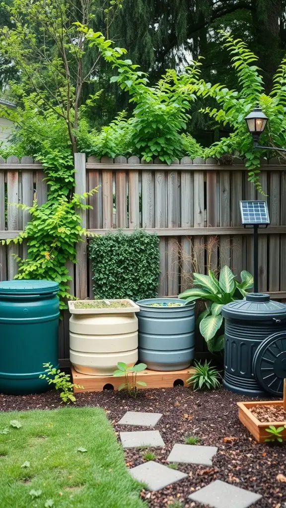 A backyard with rain barrels, green plants, a solar light, and a stone pathway.