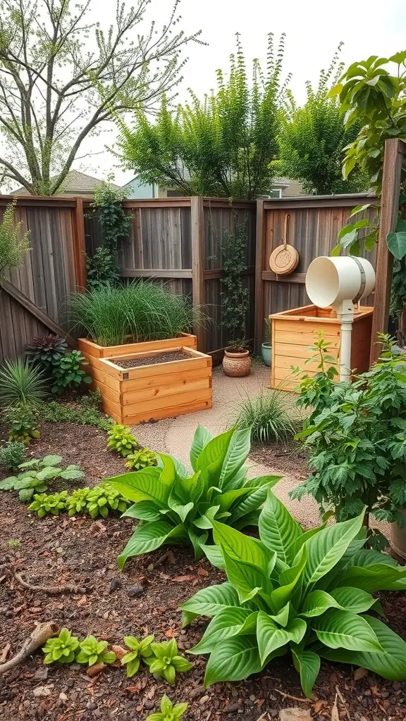 A sustainable garden with wooden planters, lush green plants, and a cozy atmosphere.