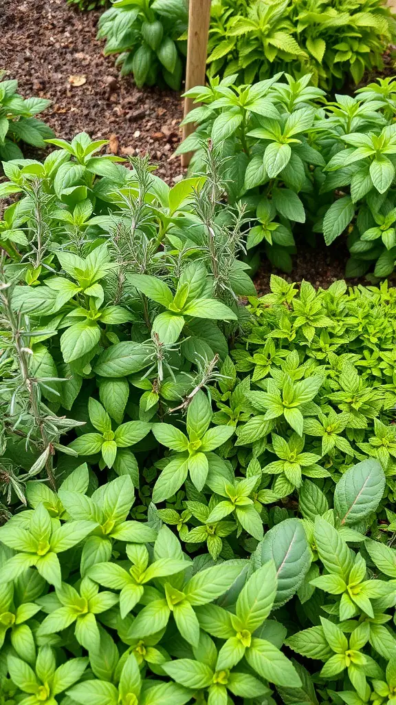 A close-up view of various aromatic herbs including mint and rosemary growing together in a garden.