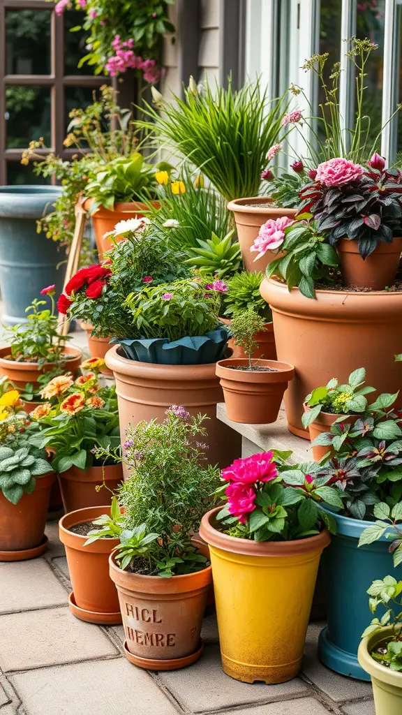 A collection of colorful potted plants arranged on a patio, showcasing various flowers and greenery.