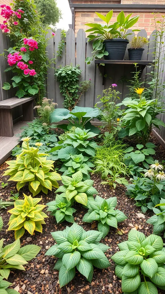 A small backyard garden with various plants, flowers, and greenery.