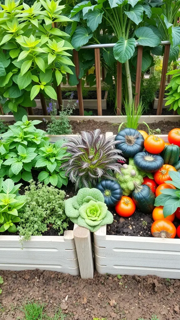 A vibrant garden bed filled with various edible plants and herbs, including tomatoes, squash, and mint.