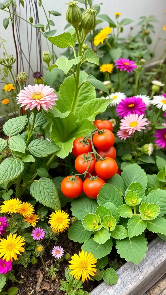 A small garden featuring colorful flowers and a cluster of ripe tomatoes.