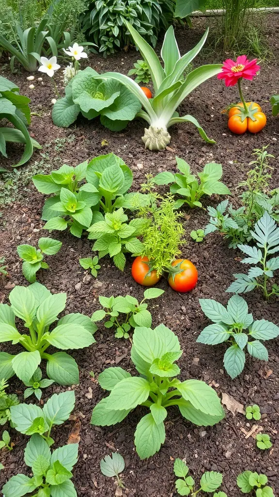 A garden bed featuring a variety of edible plants, including tomatoes, leafy greens, and herbs, alongside colorful flowers.