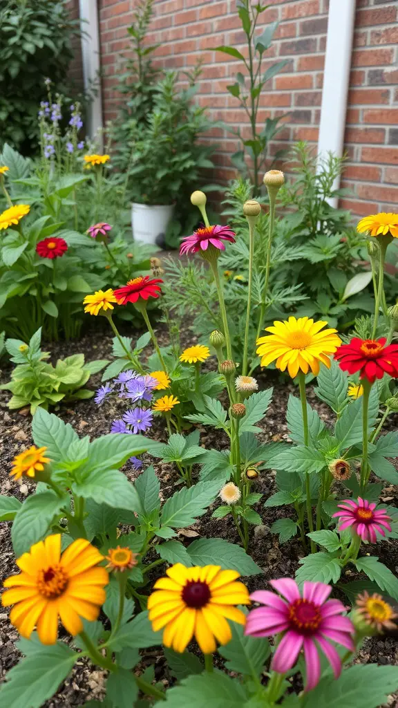 A colorful small garden with various flowers and greenery.