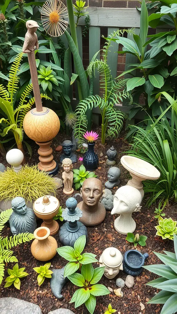 A small garden featuring various decorative art pieces among lush plants.