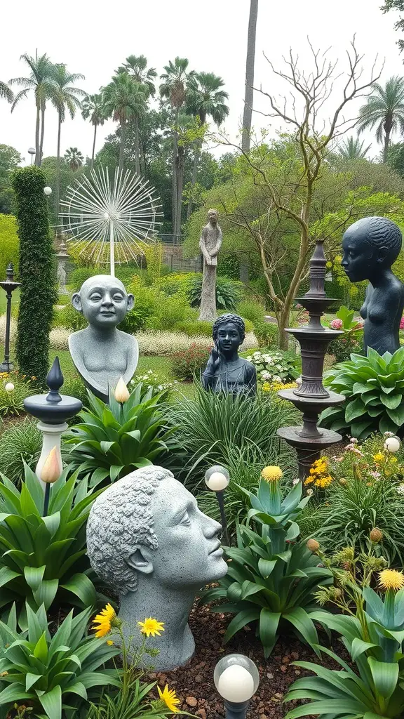 A garden featuring various sculptures among lush greenery and colorful flowers.