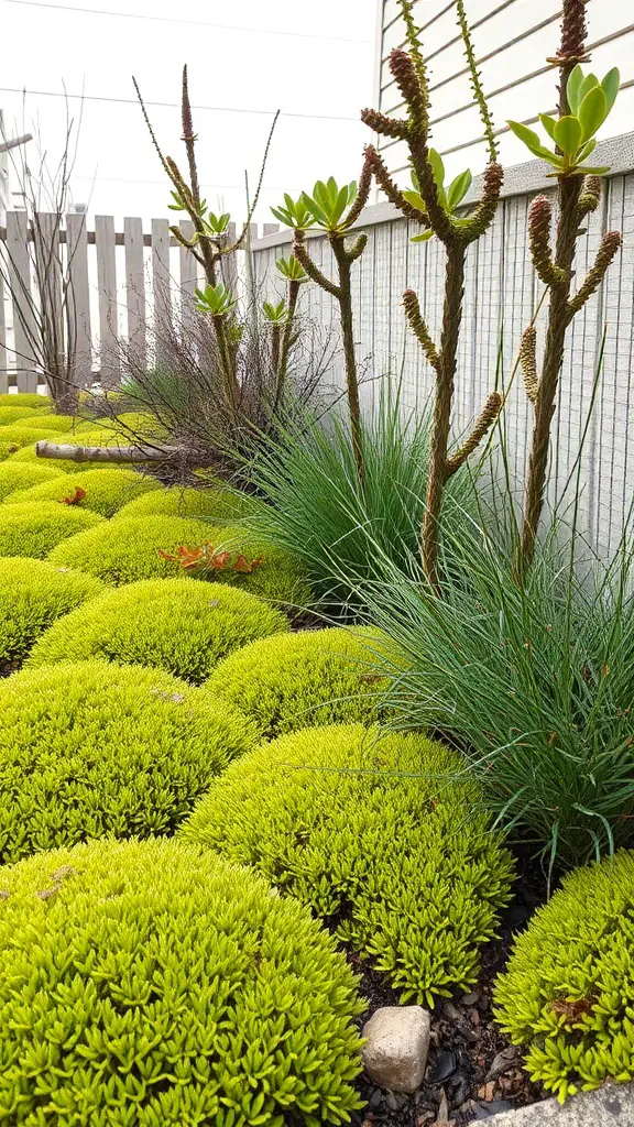 A small garden featuring bright green ground covers and taller plants.