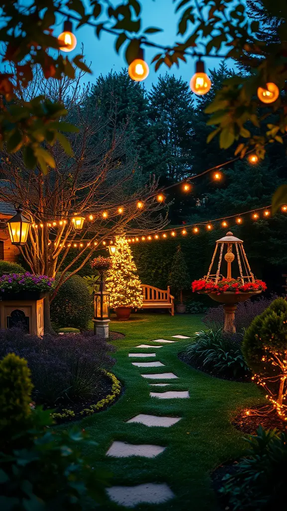 A beautifully lit garden path with string lights and lanterns, creating a cozy evening atmosphere.