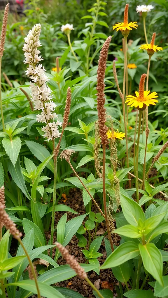A garden featuring a variety of native plants with white and yellow flowers among lush green foliage.