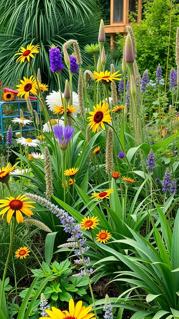 A colorful garden filled with native flowers, showcasing a variety of plants in bloom.