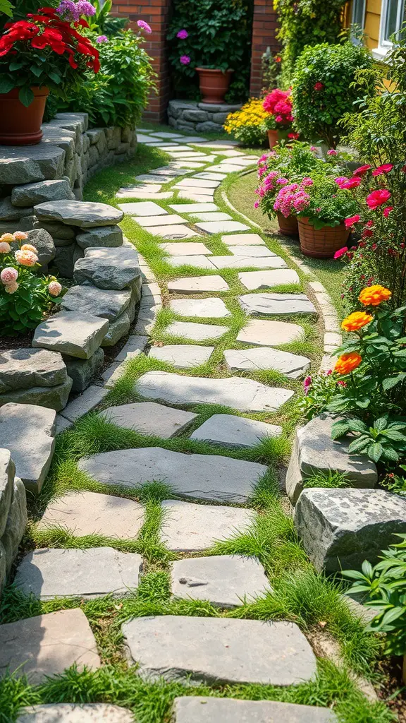 A winding stone pathway surrounded by colorful flowers in a small backyard.