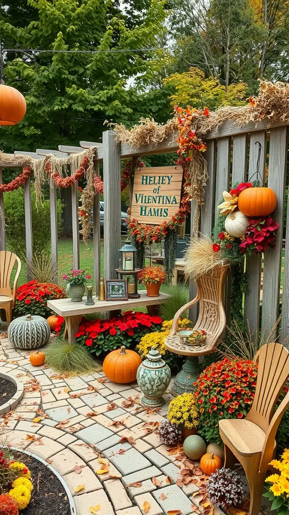 A beautifully decorated garden for fall with pumpkins, colorful flowers, and rustic seating.