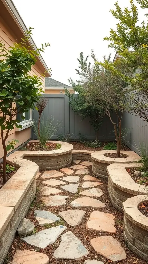 A small backyard with a stone pathway and circular stone seating areas surrounded by plants.
