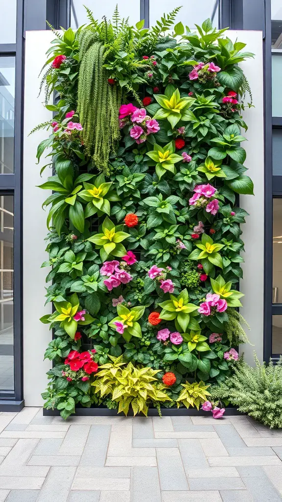 A vibrant vertical garden featuring a variety of plants and flowers, showcasing lush greens and colorful blooms.