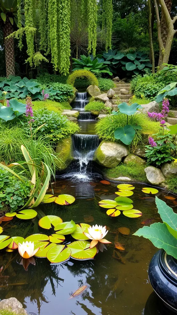 A serene garden with a waterfall flowing into a pond surrounded by lush greenery and water lilies.