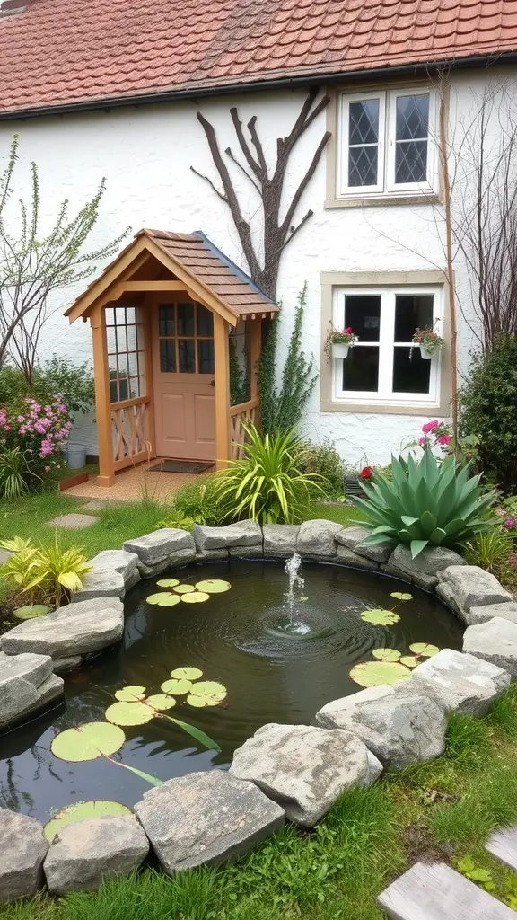 A small cottage garden featuring a pond with lily pads and a fountain, surrounded by stones and lush greenery.